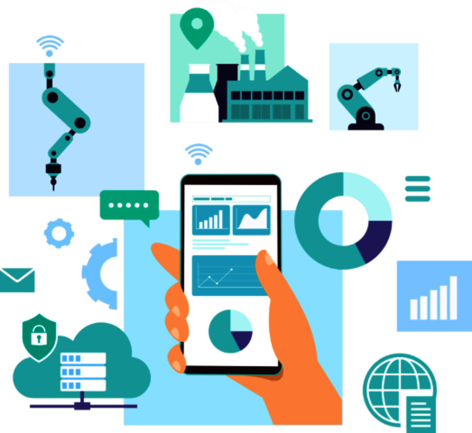 Illustration: Verschiedene Roboterarme, eine Hand mit einem Smartphone, auf dessen Display Diagramme zu sehen sind, umgeben von verschiedenen Symbolen und Diagrammen. Symbolisch für Prozesstechnik für das Presshärten