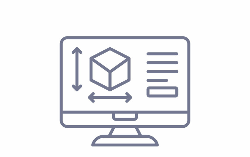 Engineering Symbolgrafik eines Monitors mit 3D-Modell und Bemaßung – steht für Engineering und Konstruktion im Werkzeugbau bei weba.