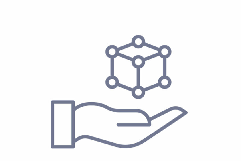 Prototypenbau Symbolgrafik einer Hand, die ein vernetztes 3D-Modell hält – steht für Innovation, Entwicklung und Prototyping im Werkzeugbau bei weba.