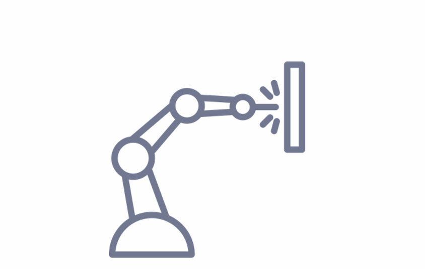 Schweiß- und Fügetechnik Symbolgrafik eines Industrieroboters beim Schweißen – steht für die Schweiß- und Fügetechnik bei weba in Kooperation mit Gatzsch Schweißtechnik.