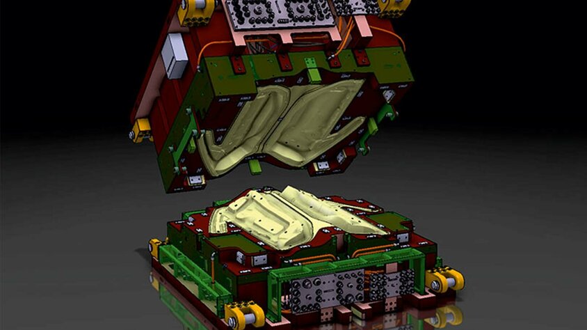 Eine 3D-Konstruktion eines Umformwerkzeuges (Oberteil und Unterteil) für die Produktion von Innentüren aus Carbon, präsentiert vor einem linear-abgestuften schwarz-grauen Hintergrund mit der Spiegelung des Werkzeuges auf dem Grund.