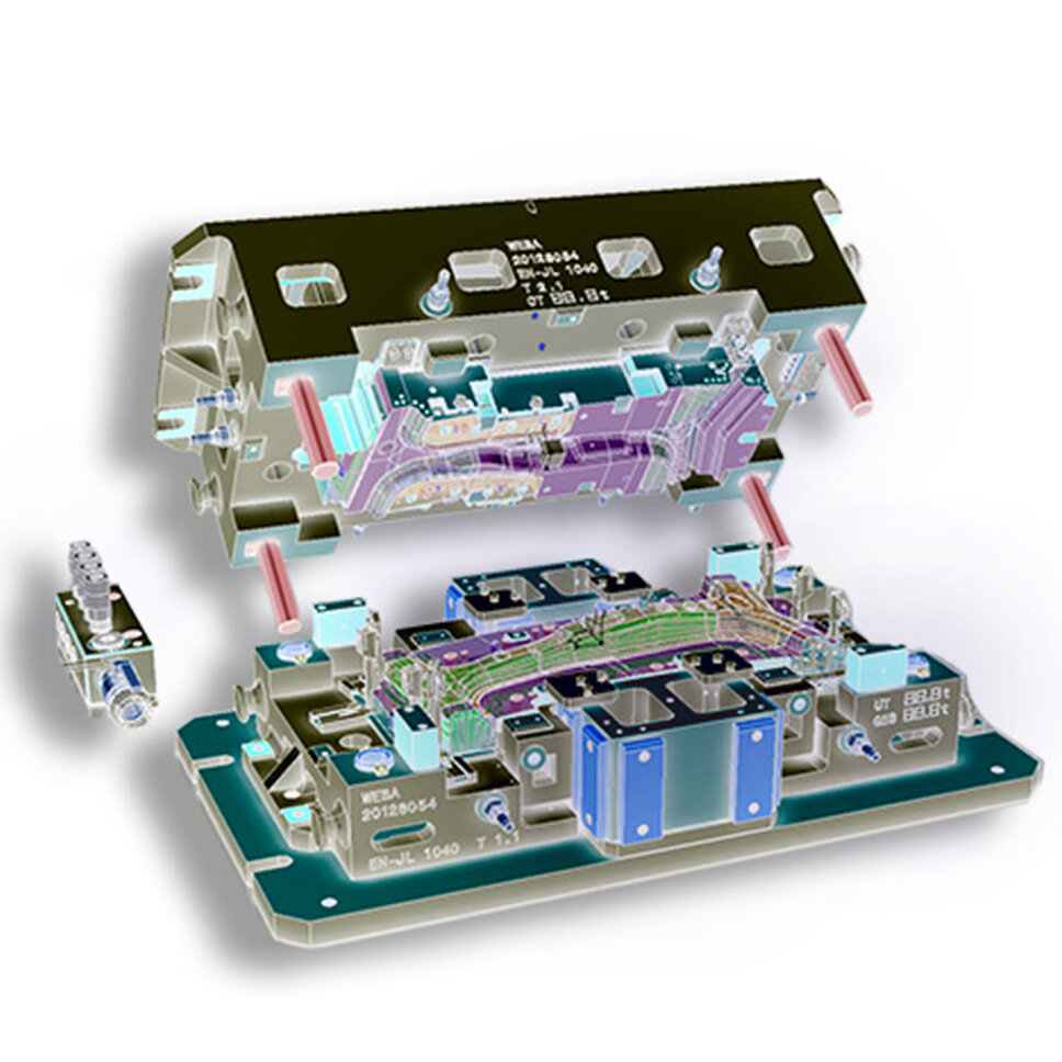 3D-Modell eines Tailored Tempering bzw. SoftZone Warmumformwerkzeuges auf weißem Hintergrund. Das Foto symbolisiert Arbeitskultur in einem innovativen Umfeld bei weba sowie Karrierechancen in Steyr beim Technologieführer.